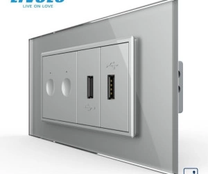 Intrerupator tactil dublu cap scara / cruce + priza dubla USB, 4M, cu rama sticla, Gri, Livolo