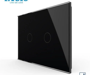 Intrerupator dublu, standard italian, cap scara / cap cruce, cu panou sticla, 3M, Negru, Livolo