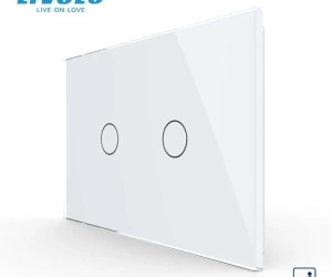 Intrerupator dublu, standard italian, cap scara / cap cruce, cu panou sticla, 3M, Alb, Livolo