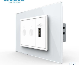 Intrerupator tactil dublu cap scara / cruce + priza USB, 3M, rama sticla, Auriu, Livolo