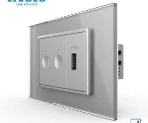 Intrerupator tactil dublu cap scara / cruce + priza USB, 3M, rama sticla, Gri, Livolo