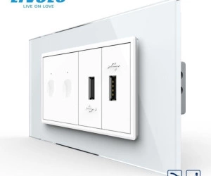 Intrerupator tactil dublu cap scara / cruce control telecomanda RF + priza dubla USB, 4M, cu rama sticla, Alb, Livolo