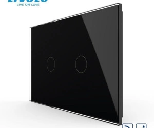 Intrerupator dublu, standard italian, cap scara / cap cruce, control telecomanda RF, cu panou sticla, 3M, Negru, Livolo