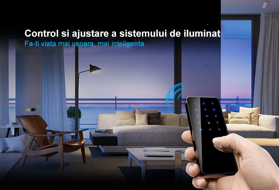 Intrerupator dublu, standard italian, cap scara / cap cruce, control telecomanda RF, cu panou sticla, 3M, Alb, Livolo