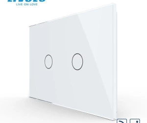 Intrerupator dublu, standard italian, cap scara / cap cruce, control telecomanda RF, cu panou sticla, 3M, Alb, Livolo