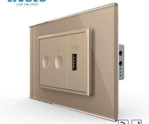 Intrerupator tactil dublu cap scara / cruce, control telecomanda RF + priza USB, 3M, rama sticla, Auriu, Livolo