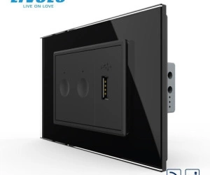 Intrerupator tactil dublu cap scara / cruce, control telecomanda RF + priza USB, 3M, rama sticla, Negru, Livolo