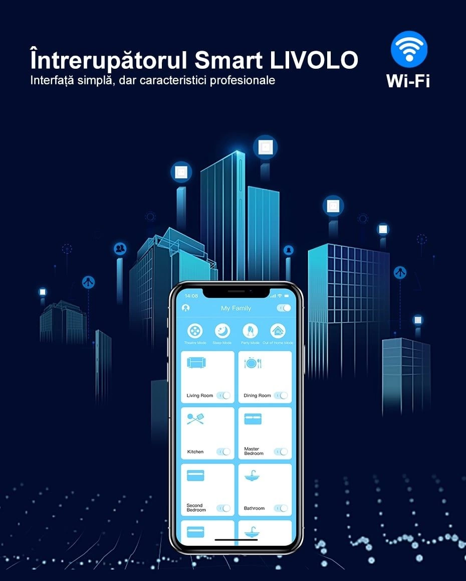 Intrerupator triplu, standard italian, conexiune WiFi, cu panou sticla, 3M, Auriu, Livolo