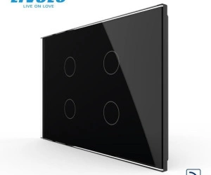 Intrerupator cvadruplu, standard italian, control telecomanda RF, cu panou sticla, 3M, Negru, Livolo