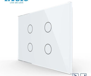 Intrerupator cvadruplu, standard italian, cap scara / cap cruce, control telecomanda RF, cu panou sticla, 3M, Alb, Livolo