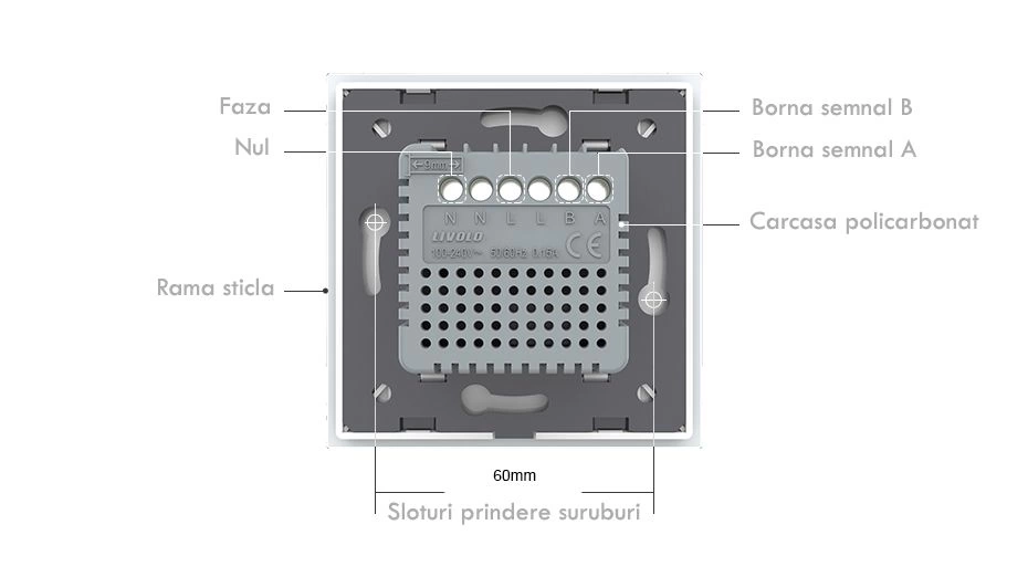 Modul controller pentru aer conditionat, fara rama sticla, Negru, Livolo