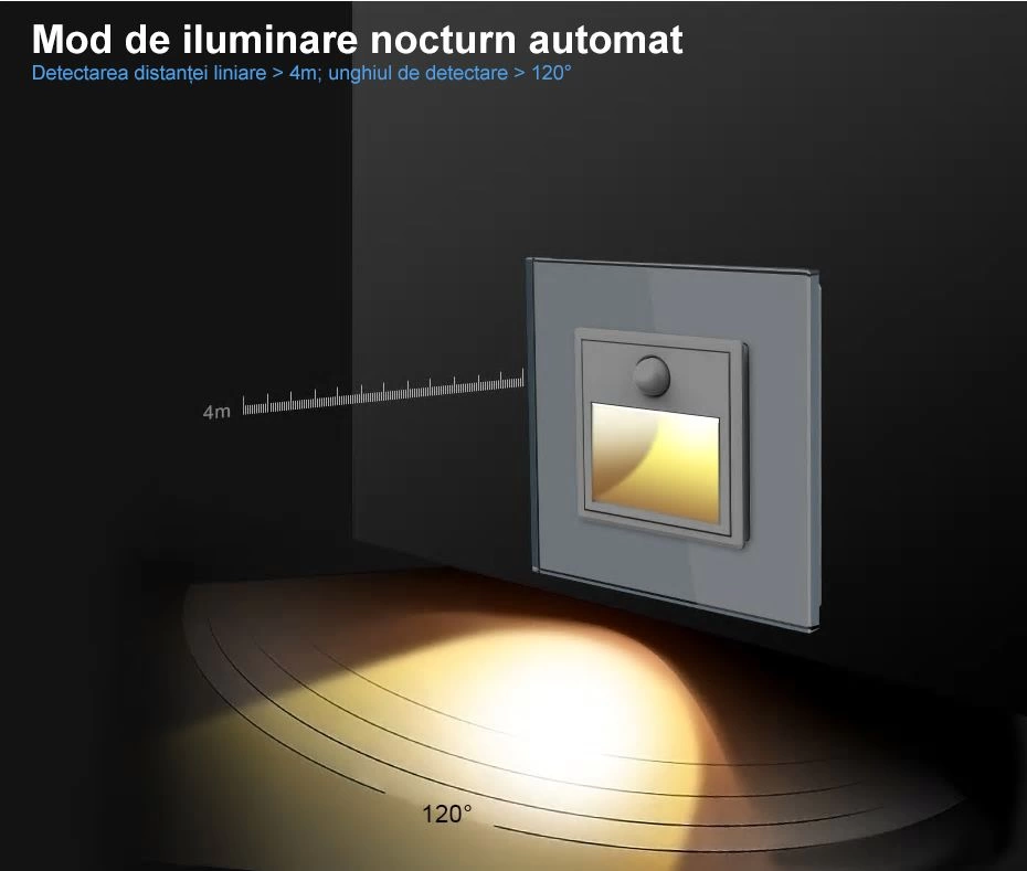 Lampa de orientare scara, cu senzor miscare, cu rama de sticla, Negru, Livolo