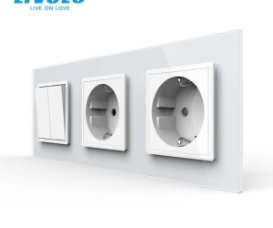Intrerupator mecanic dublu + priza Schuko + priza Schuko, cap / scara, cu rama sticla, Alb, Livolo