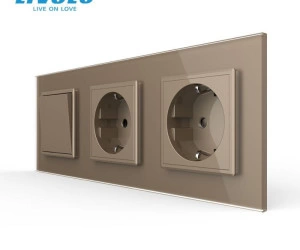 Intrerupator mecanic simplu + priza Schuko + priza Schuko, cap / scara, cu rama sticla, Auriu, Livolo
