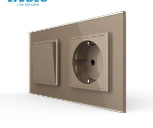 Intrerupator mecanic simplu + priza Schuko, cap / scara, cu rama sticla, Auriu, Livolo