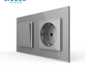 Intrerupator mecanic simplu + priza Schuko, cap / scara, cu rama sticla, Gri, Livolo