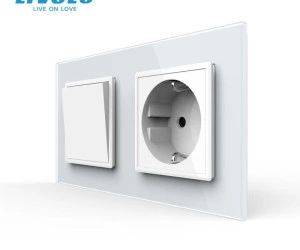 Intrerupator mecanic simplu + priza Schuko, cap / scara, cu rama sticla, Alb, Livolo