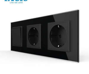 Intrerupator mecanic simplu + priza Schuko + priza Schuko, cap / cruce, cu rama sticla, Negru, Livolo