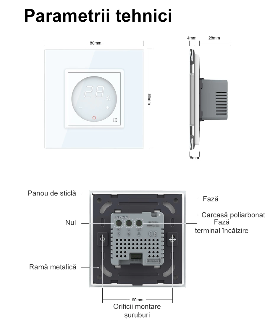 Termostat cu fir pentru incalzire in pardoseala, afisaj electronic, cu touch-screen, Gri, Livolo