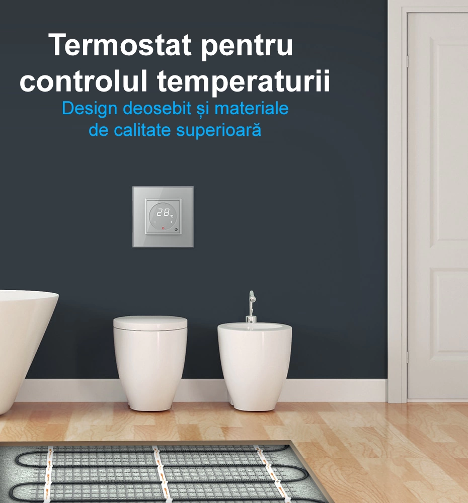 Termostat cu fir pentru incalzire in pardoseala, afisaj electronic, cu touch-screen, Gri, Livolo