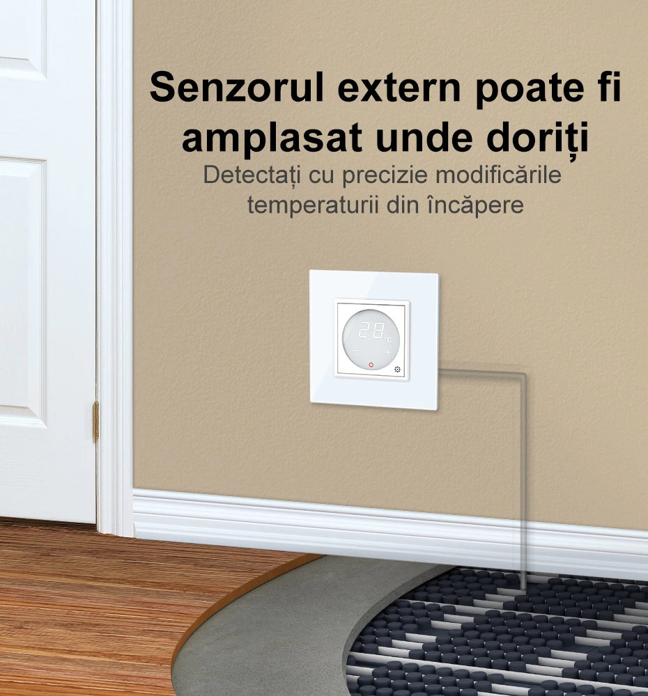 Termostat cu fir pentru incalzire in pardoseala, afisaj electronic, cu touch-screen, Alb, Livolo