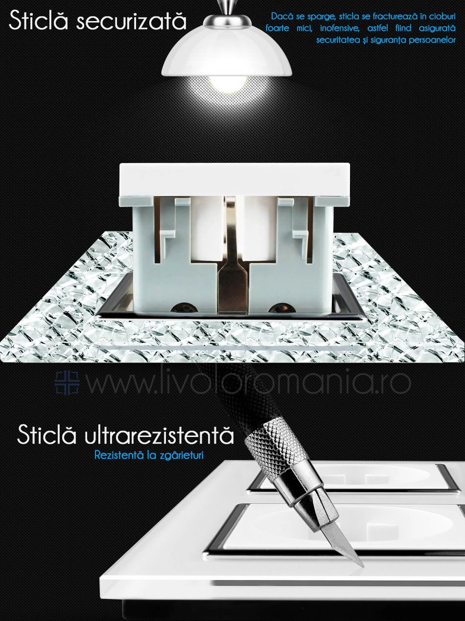 Priză Schuko Dublă, cu rama sticla, Negru, Livolo