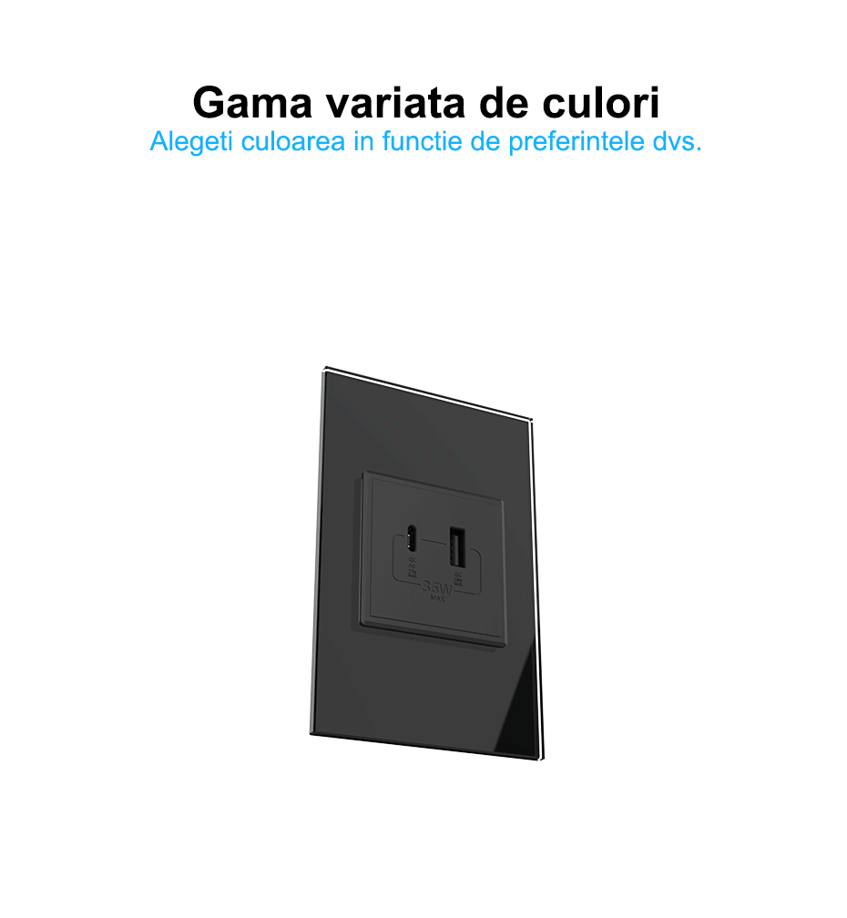 Priza dubla Schuko + USB tip A si tip C, cu rama sticla, Negru, Livolo