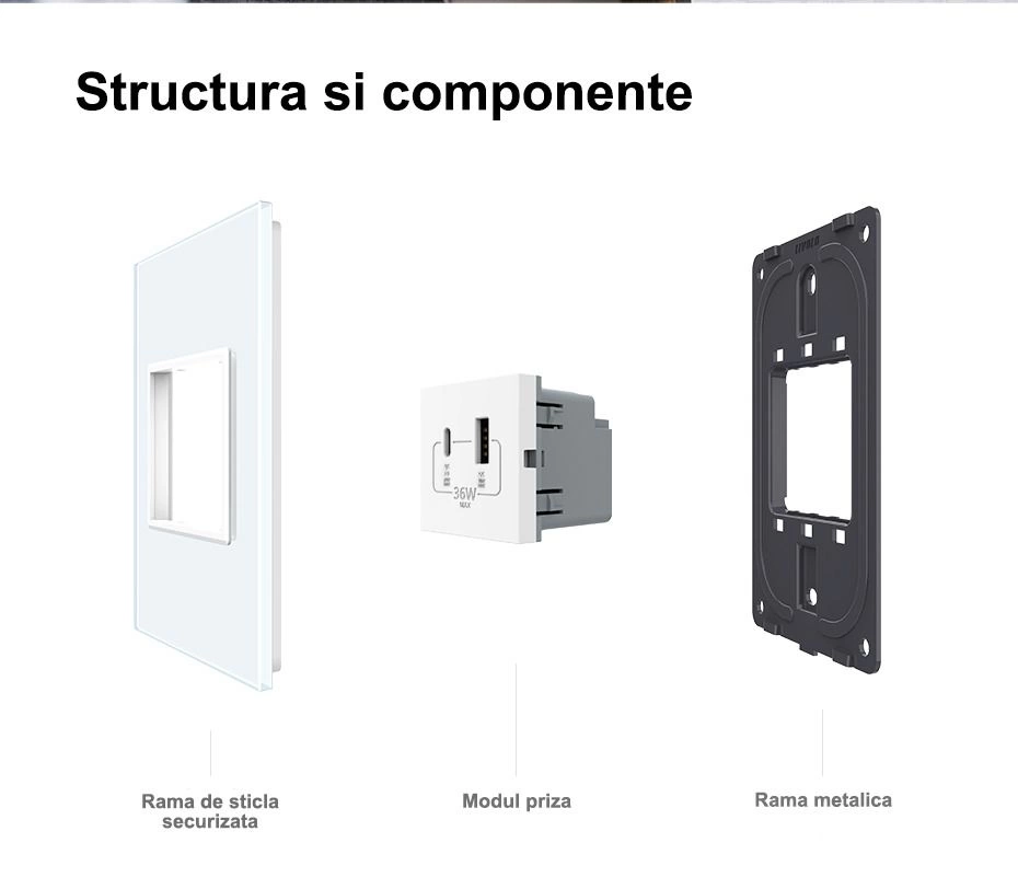 Priza dubla Schuko + USB tip A si tip C, cu rama sticla, Gri, Livolo