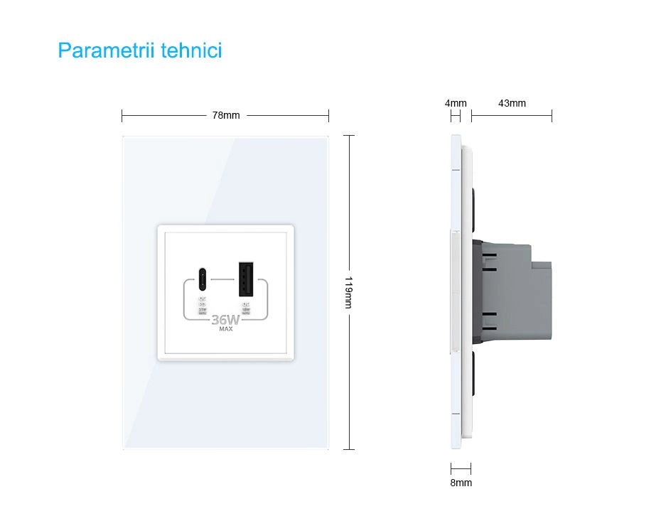 Priza dubla Schuko + USB tip A si tip C, cu rama sticla, Alb, Livolo