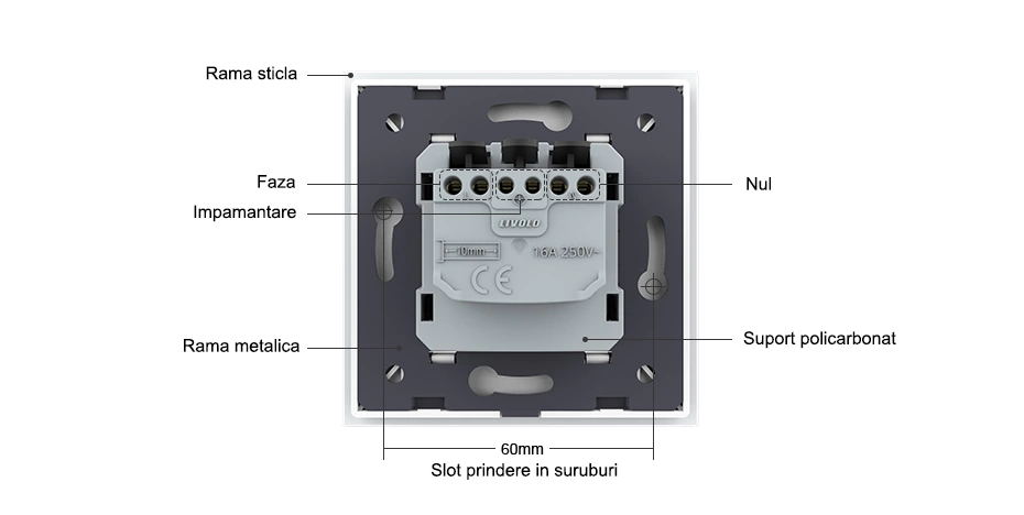 Priza Schuko simpla, borne fara surub - quick connect, cu rama sticla, Gri, Livolo