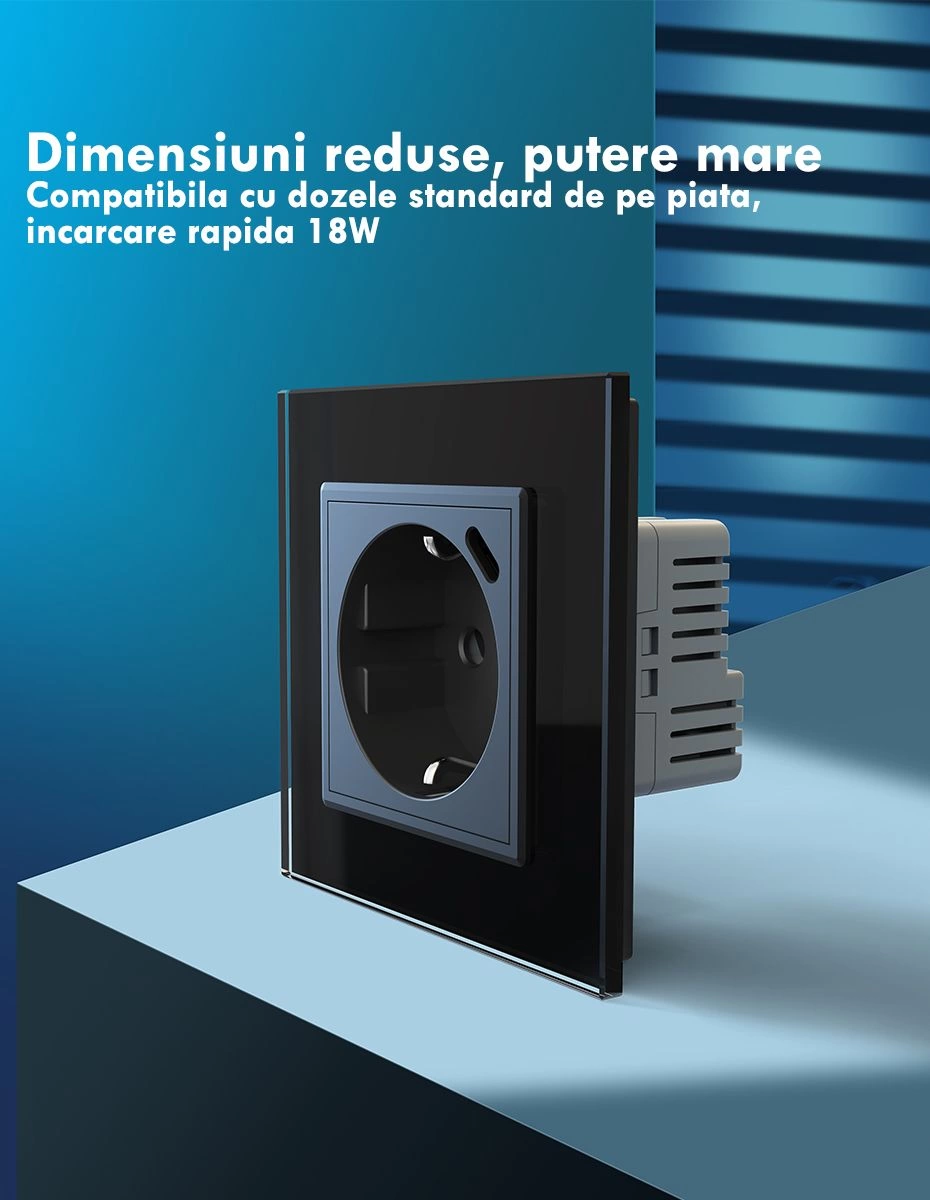 Priza simpla Schuko + slot USB Tip-C, Standard German 2M, cu rama sticla, Negru, Livolo