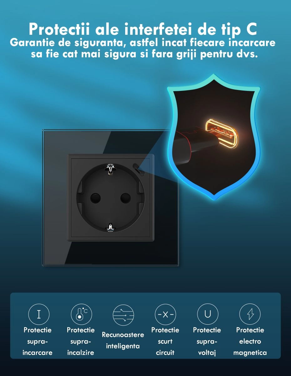 Priza simpla Schuko + slot USB Tip-C, Standard German 2M, cu rama sticla, Negru, Livolo