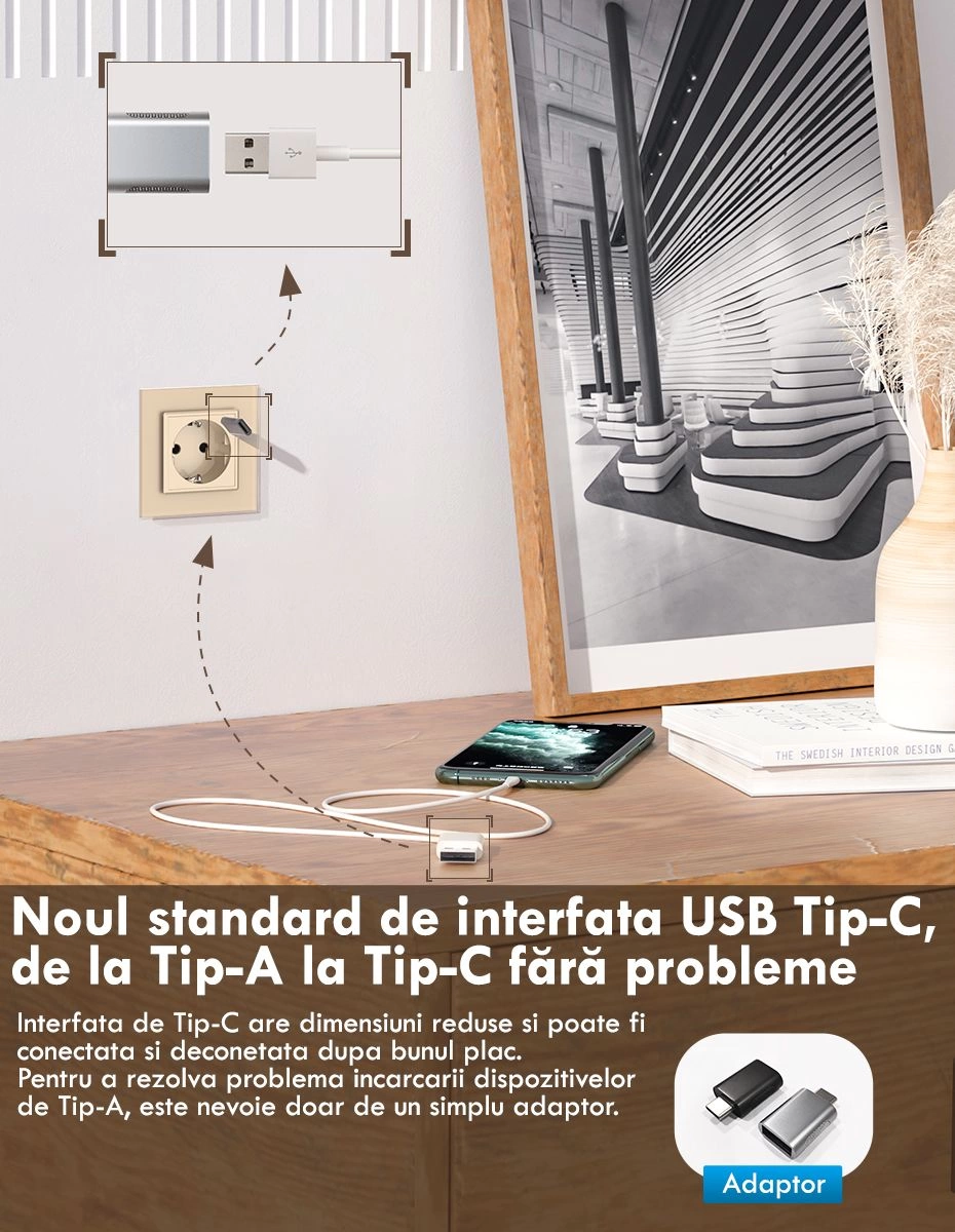 Priza simpla Schuko + slot USB Tip-C, Standard German 2M, cu rama sticla, Negru, Livolo