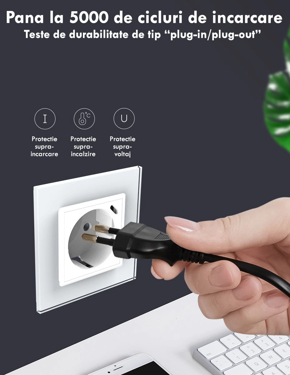 Priza simpla Schuko + slot USB Tip-C, Standard German 2M, cu rama sticla, Negru, Livolo