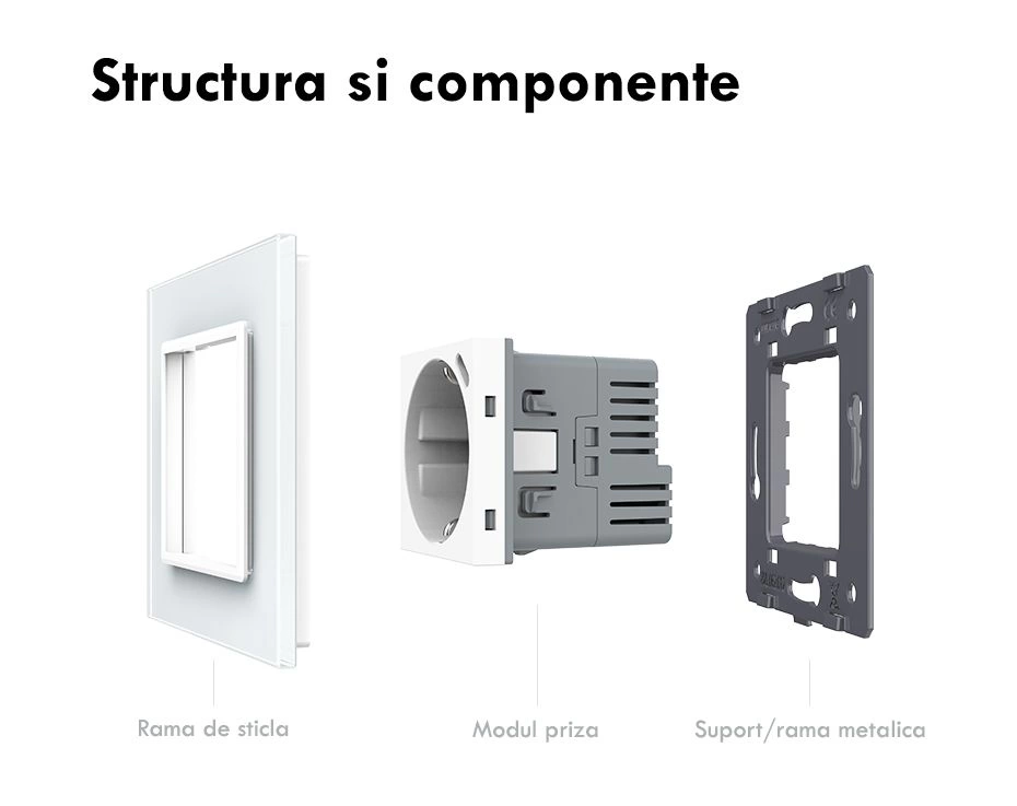 Priza simpla Schuko + slot USB Tip-C, Standard German 2M, cu rama sticla, Negru, Livolo