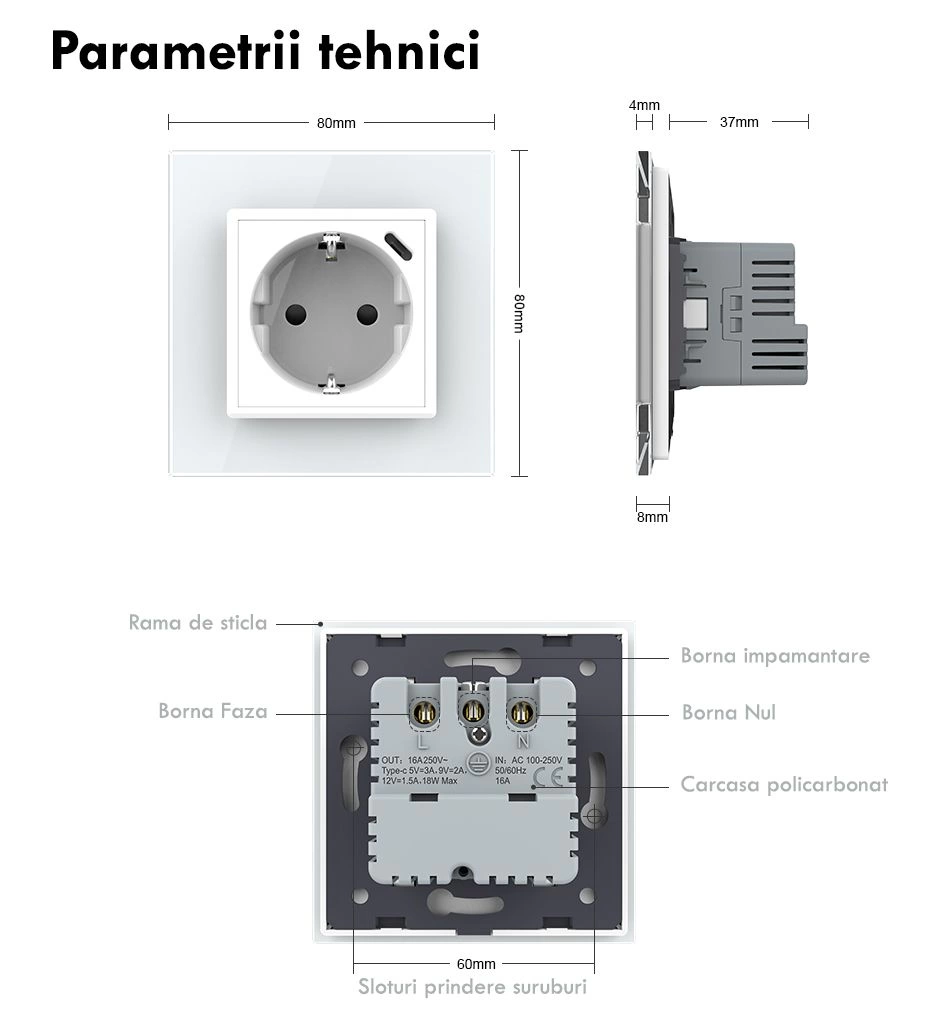Priza simpla Schuko + slot USB Tip-C, Standard German 2M, cu rama sticla, Negru, Livolo