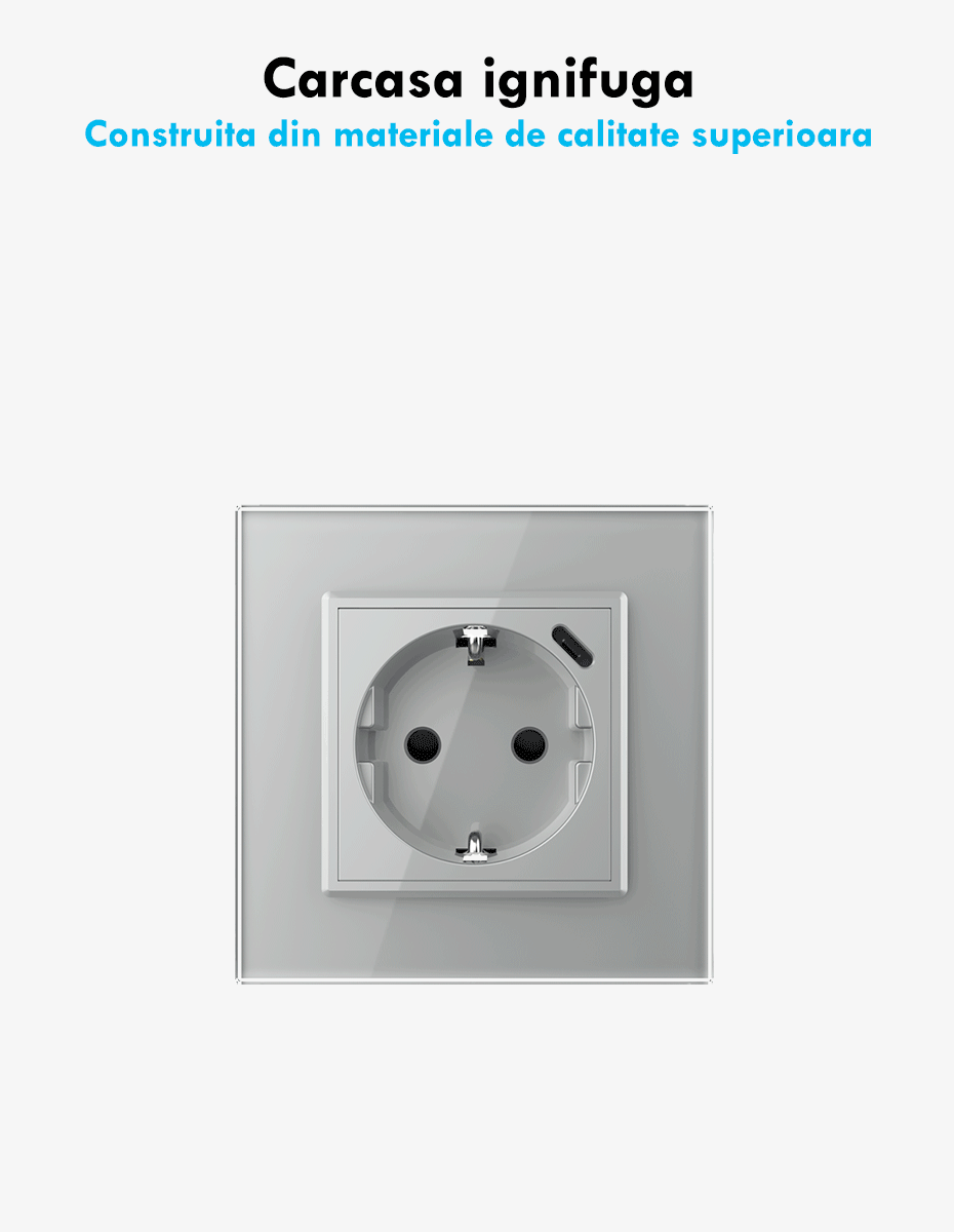 Priza simpla Schuko + slot USB Tip-C, Standard German 2M, cu rama sticla, Negru, Livolo