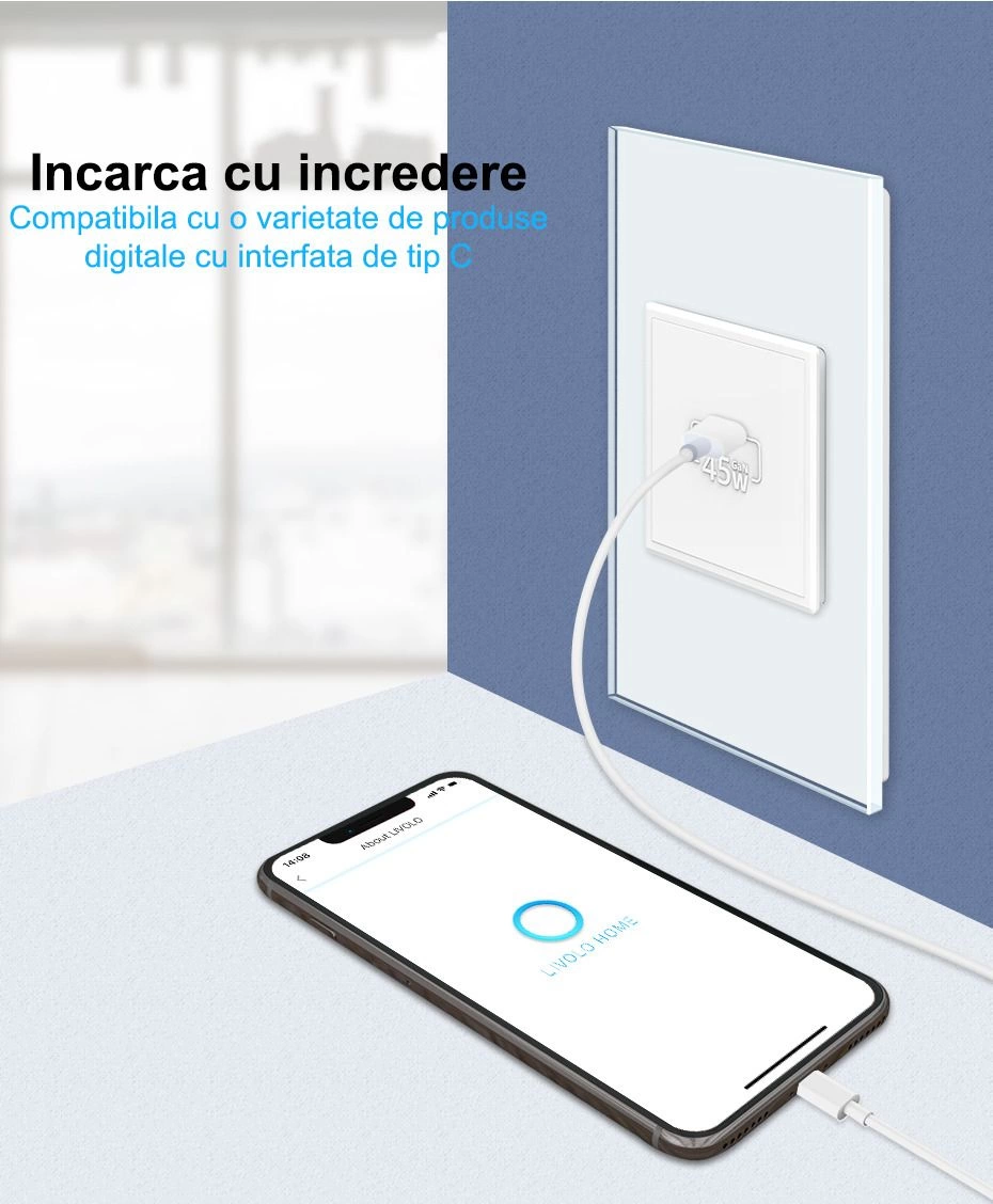 Priza simpla USB tip C, cu rama sticla, Auriu, Livolo