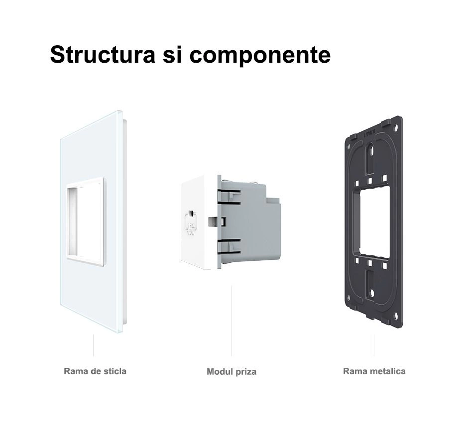 Priza simpla USB tip C, cu rama sticla, Gri, Livolo