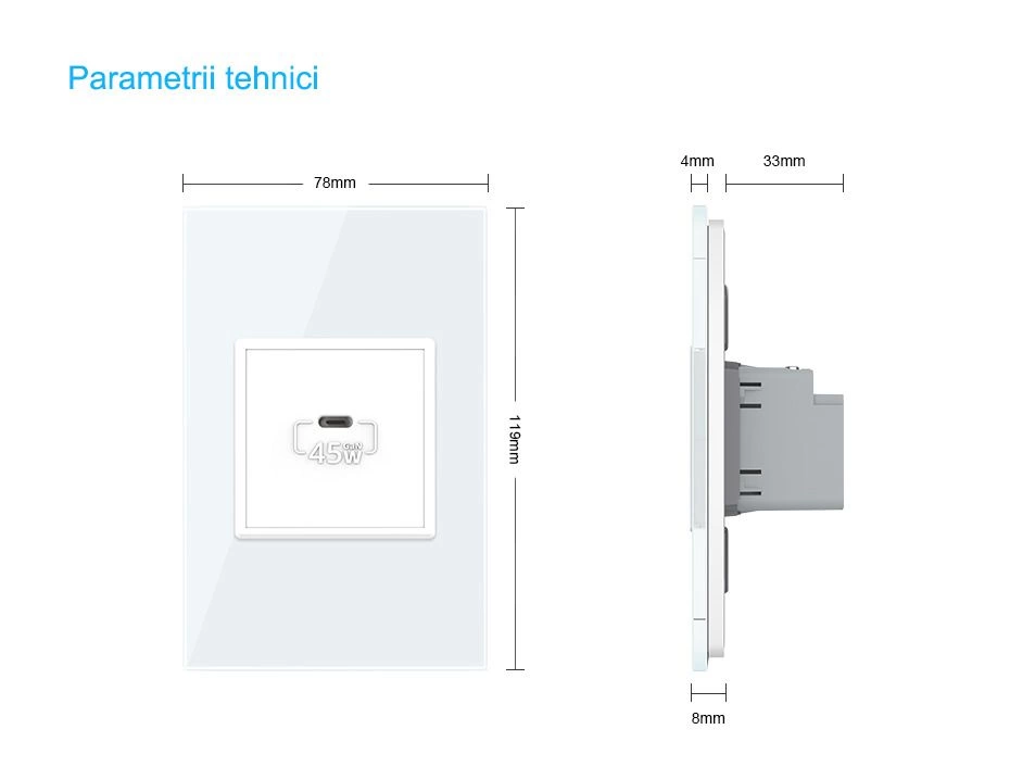 Priza simpla USB tip C, cu rama sticla, Gri, Livolo